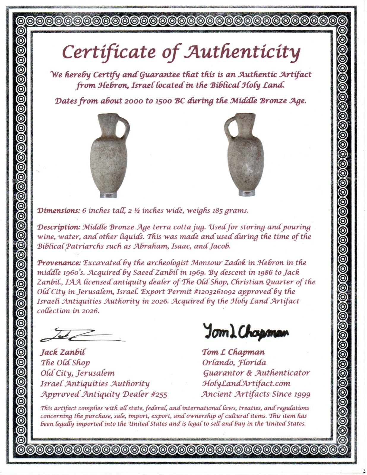 Time of Abraham Holy Land Artifact 6 inch Jar Jug Intact 2000 to 1500 BC COA Z09