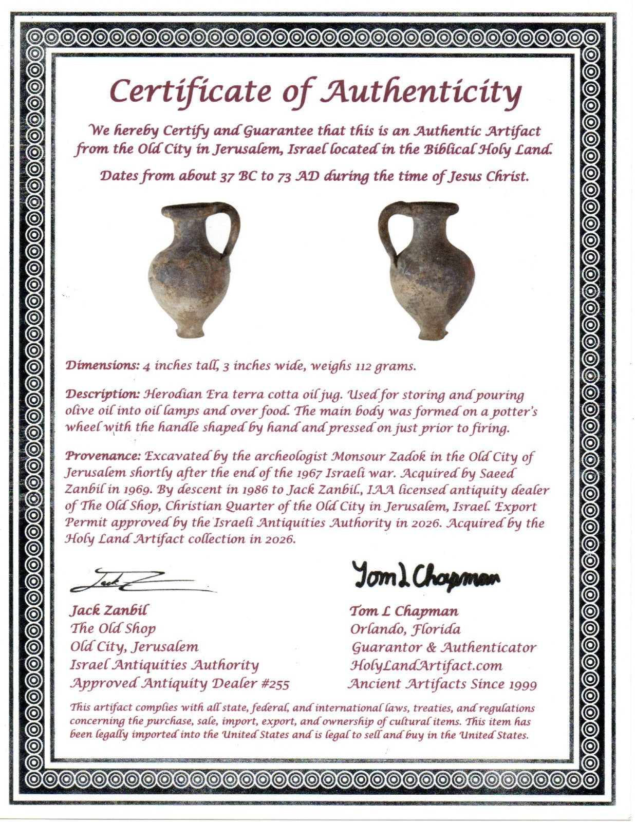 Time of Jesus Christ Holy Land Artifact Herodian Oil Jug 37 BC to 73 AD COA Z13