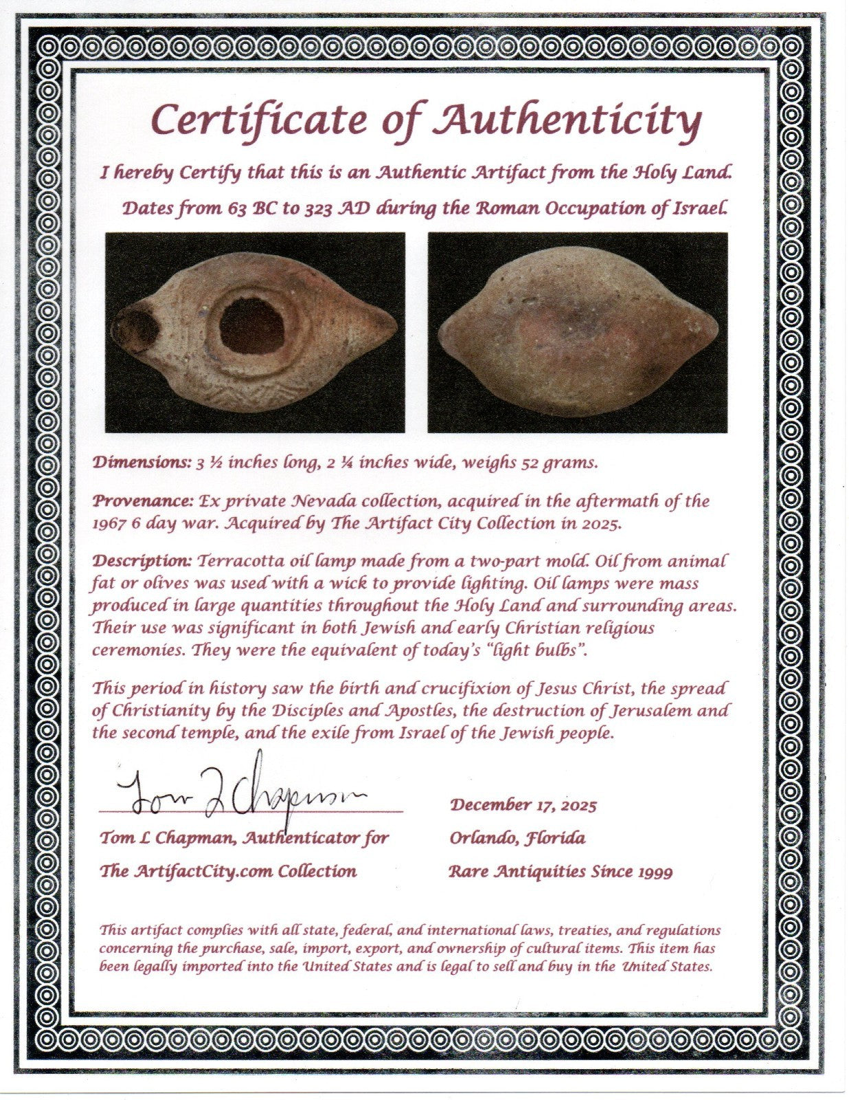 Holy Land Oil Lamp Ancient Artifact Time of Jesus & Apostles 63BC-323AD COA 155