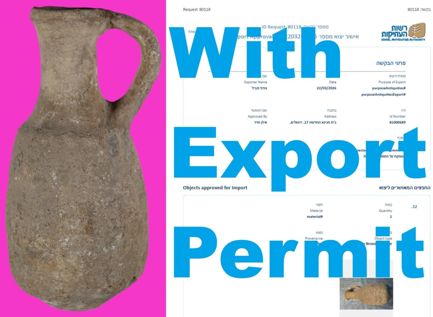 Time of Noah Holy Land Artifact Excavated In Jerusalem 3700-2200 BC COA Z03