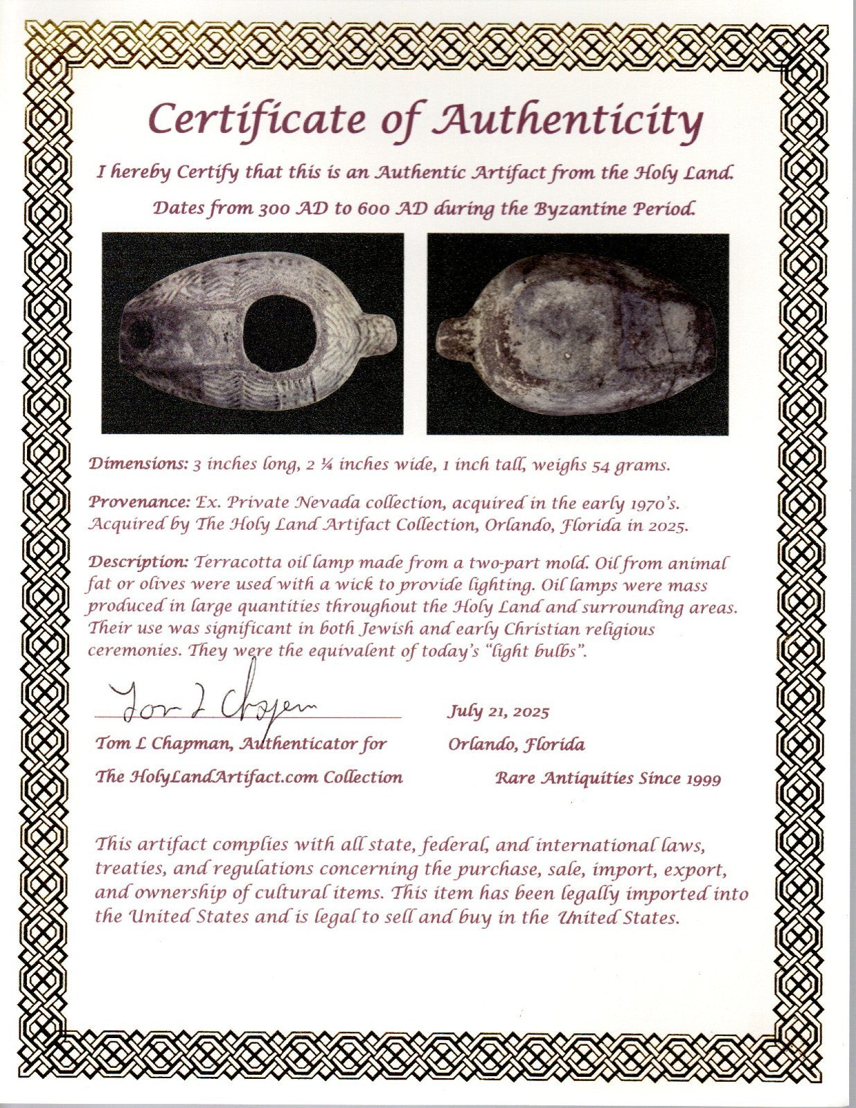 Oil Lamp Holy Land Ancient Artifact Jesus Christ Home Israel 300-600 AD COA 103