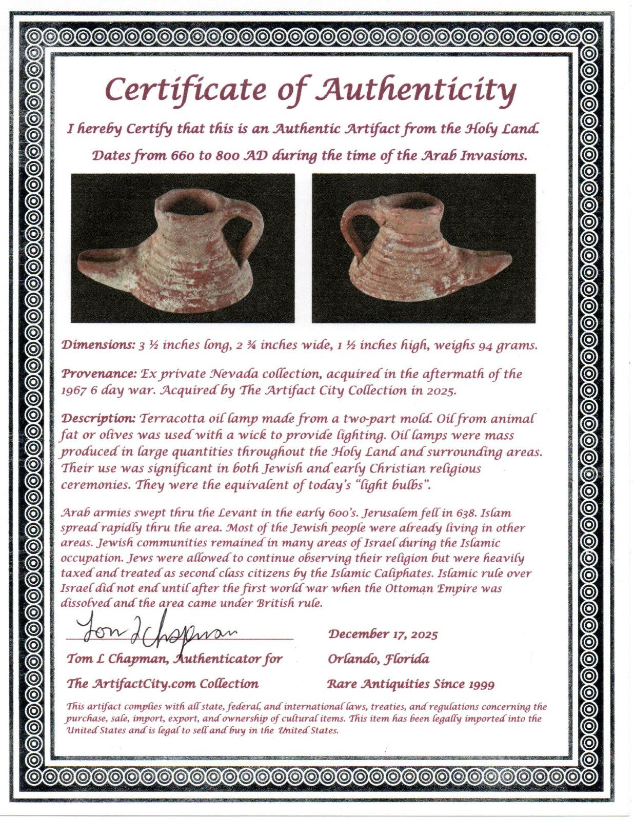 Holy Land Oil Lamp Ancient Artifact Time of the Arab Invasion 660-800 AD COA 237