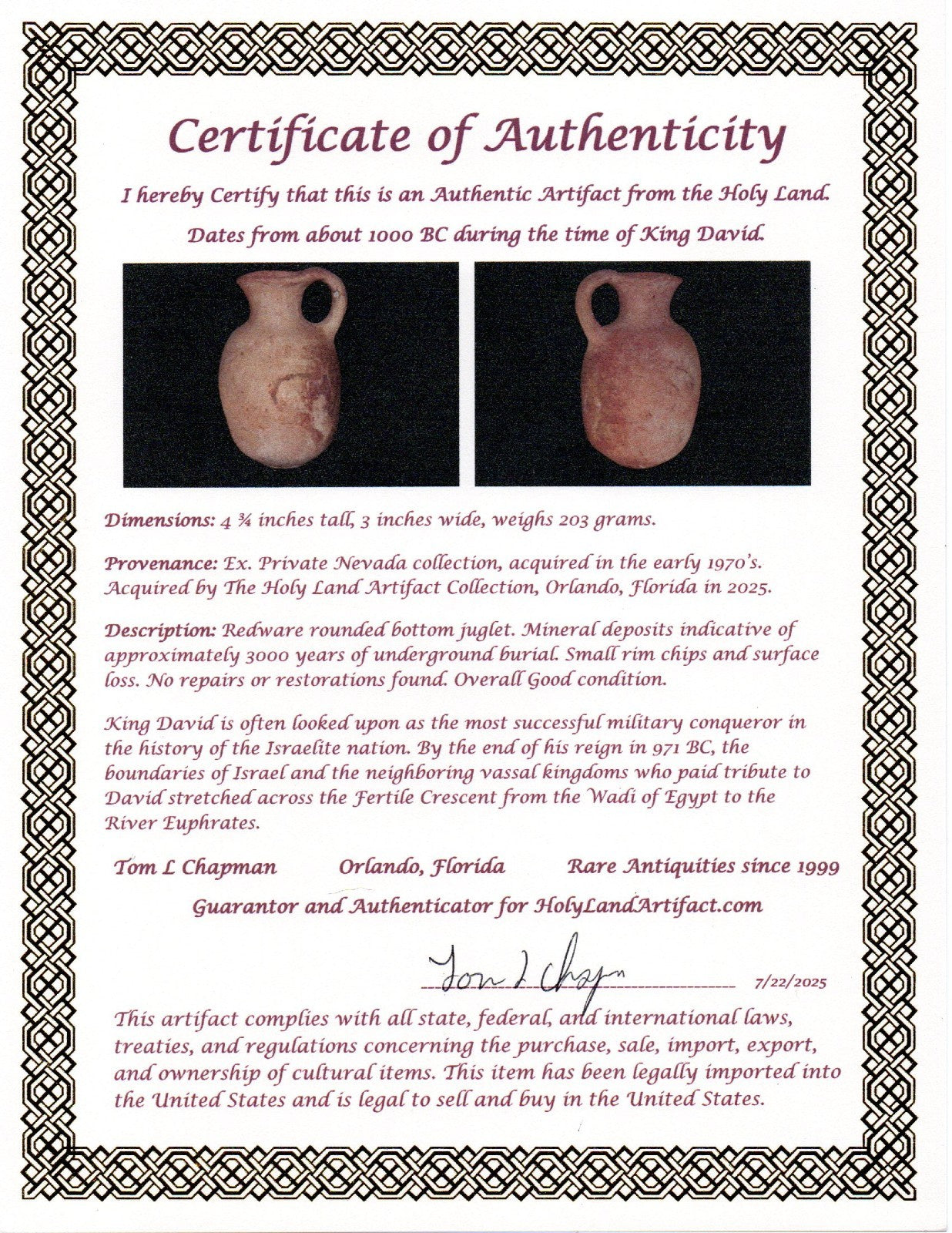 Ancient Holy Land Artifact King David Jug Land of Jesus Christ 1000 BC COA 13