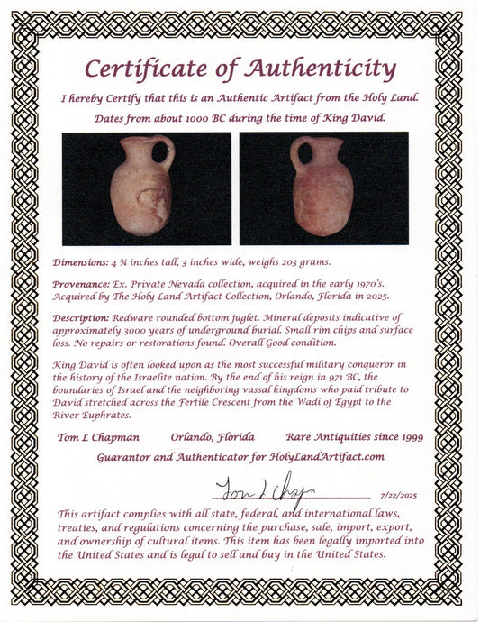 Ancient Holy Land Artifact King David Jug Land of Jesus Christ 1000 BC COA 13