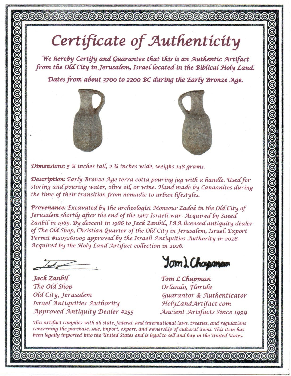 Time of Noah Holy Land Artifact Excavated In Jerusalem 3700-2200 BC COA Z03