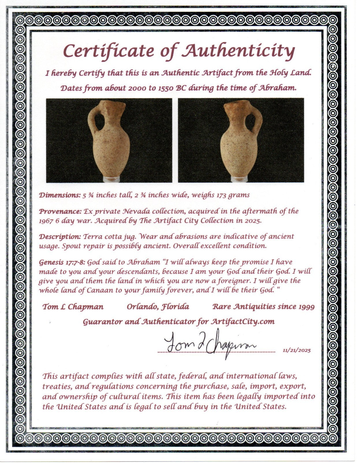 Time of Abraham Holy Land Artifact Ancient 4000 Year Old Jug 2000-1550 BC COA 58