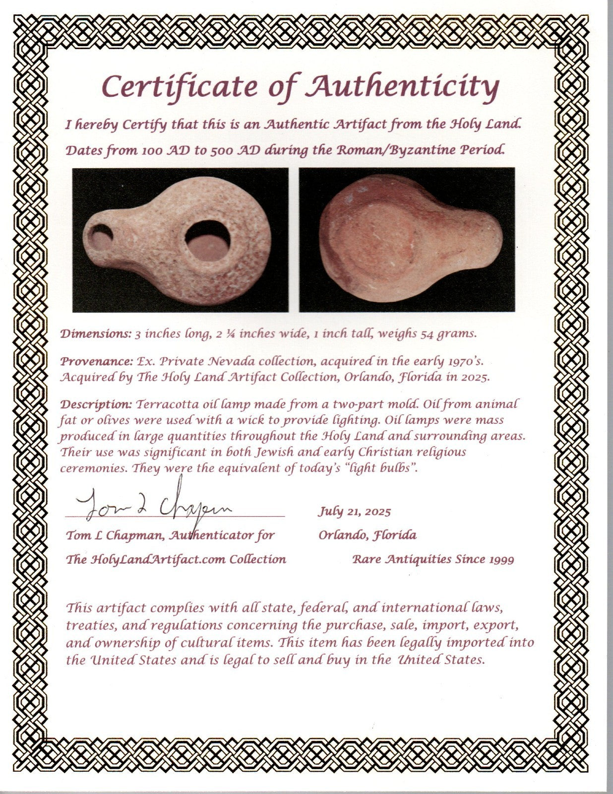 Ancient Holy Land Oil Lamp Artifact From Jesus Christ Home Land 100-500AD COA 53