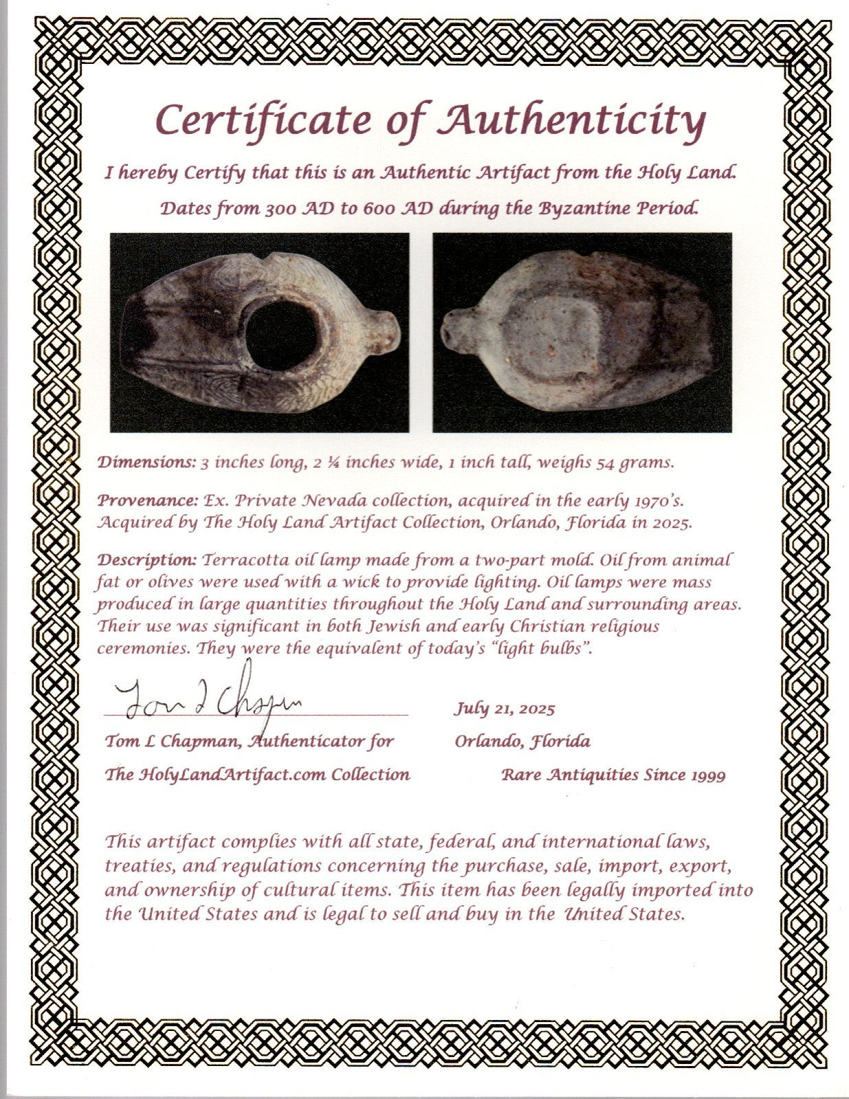 Ancient Holy Land Oil Lamp Artifact 2 Hidden Christian Crosses 300-600 AD COA 88