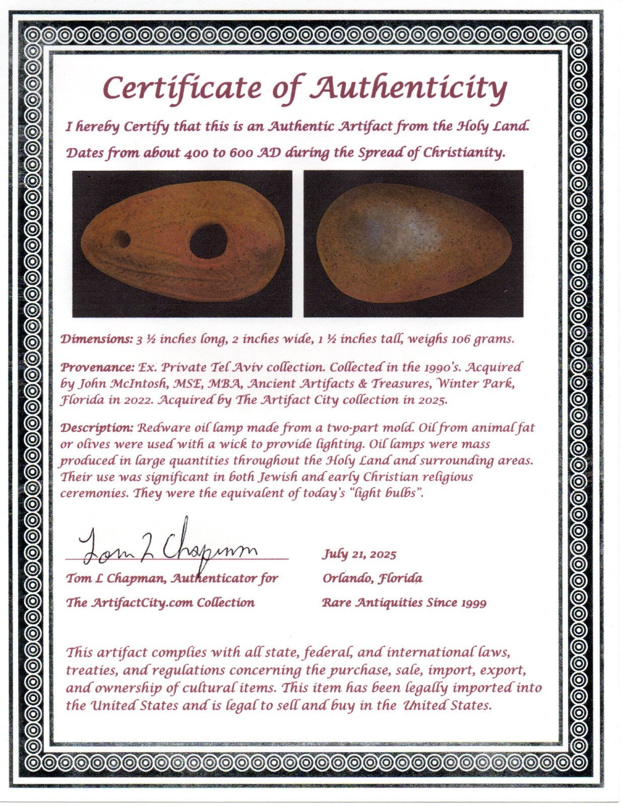 Ancient Holy Land Oil Lamp Artifact  From Jesus Christ Homeland 400-600AD COA 41