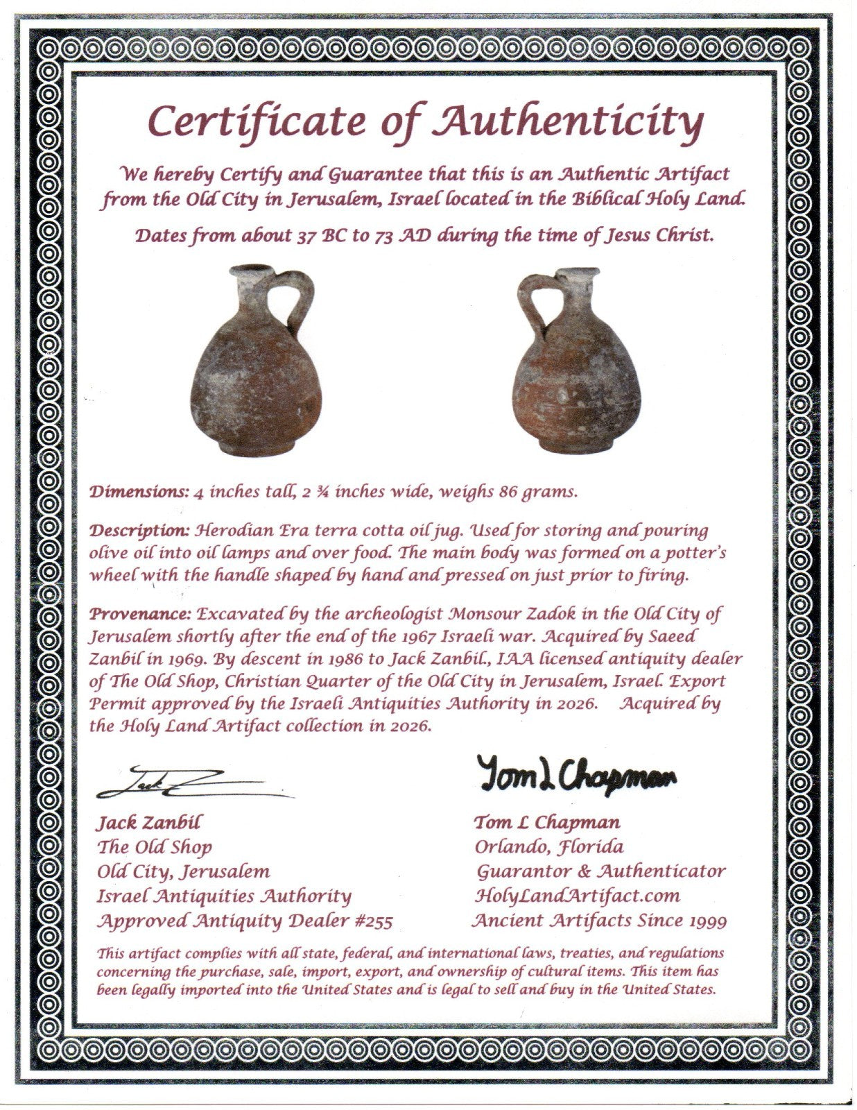 Time of Jesus Christ Holy Land Artifact Herodian Oil Jug 37 BC to 73 AD COA Z12