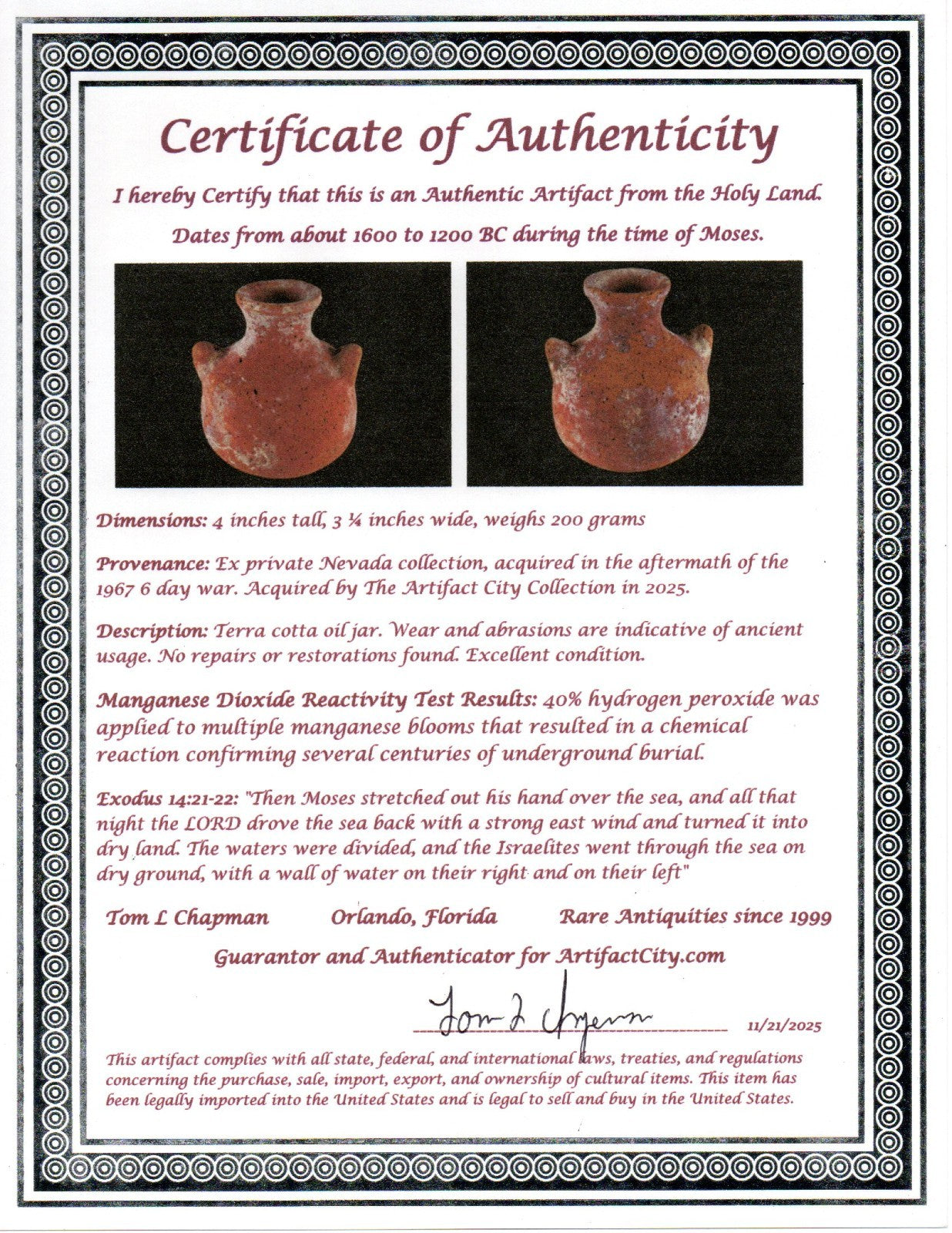 Time of Moses Holy Land Artifact Ancient 3500 Year Old Jar 1600-1200 BC COA 68