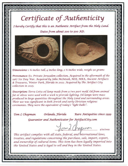 Ancient Holy Land Big Oil Lamp Artifact Home of Jesus Christ 200-500 AD COA J153