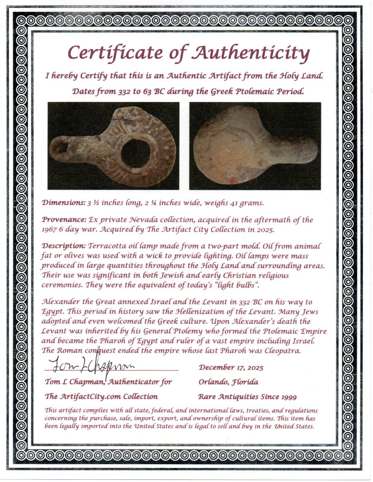 Holy Land Oil Lamp Ancient Artifact Alexander the Great Era 332-63 BC COA 228