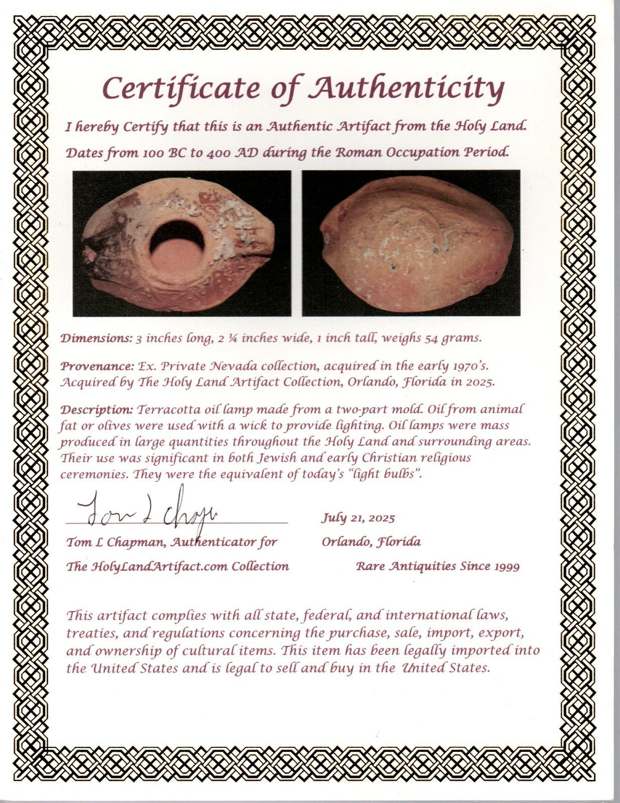 Ancient Holy Land Oil Lamp Artifact Jesus Christ Homeland 100BC-400AD COA 30