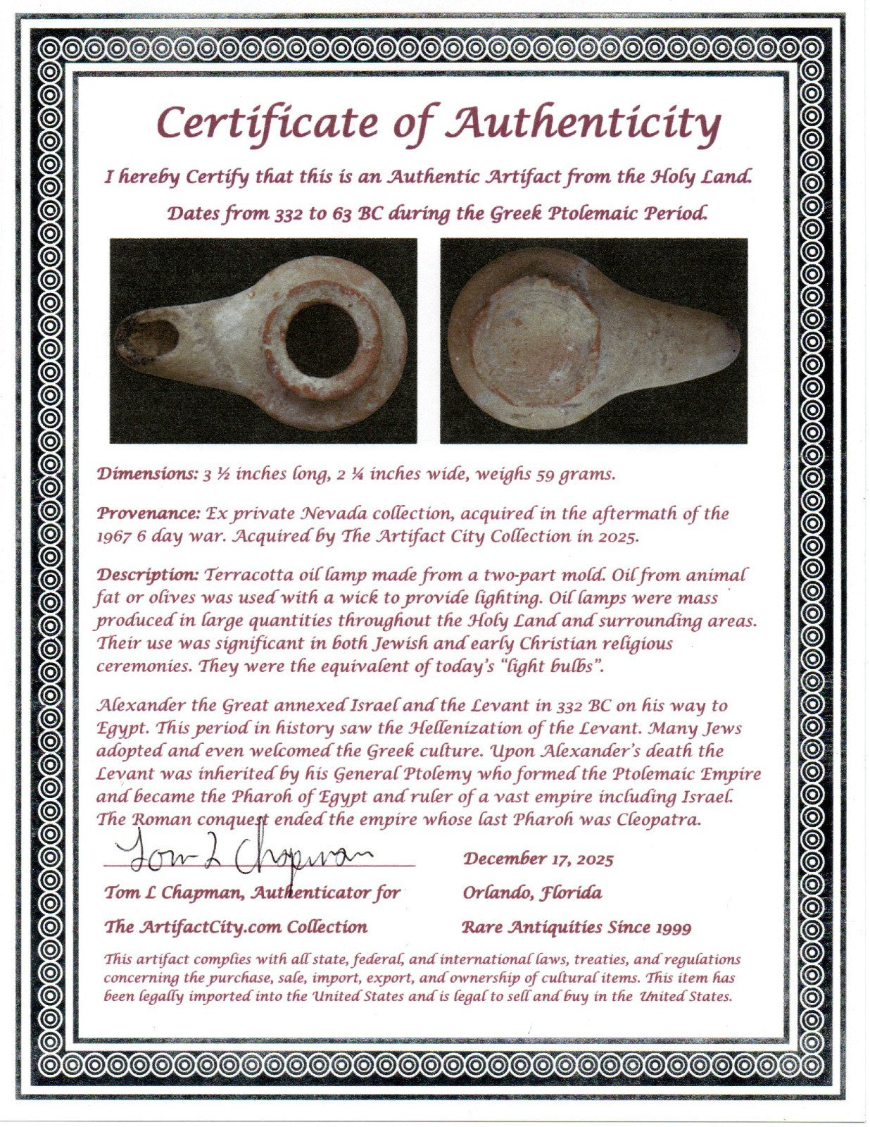 Holy Land Oil Lamp Ancient Artifact Alexander the Great Era 332-63 BC COA 233
