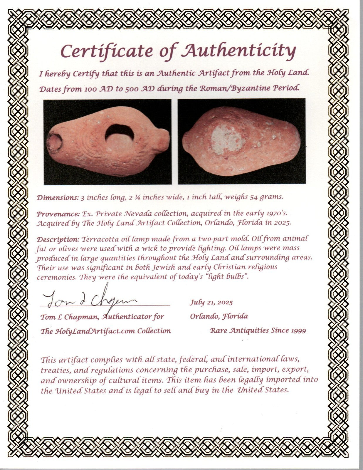 Ancient Holy Land Oil Lamp Artifact From Jesus Christ Home Land 100-500AD COA 56