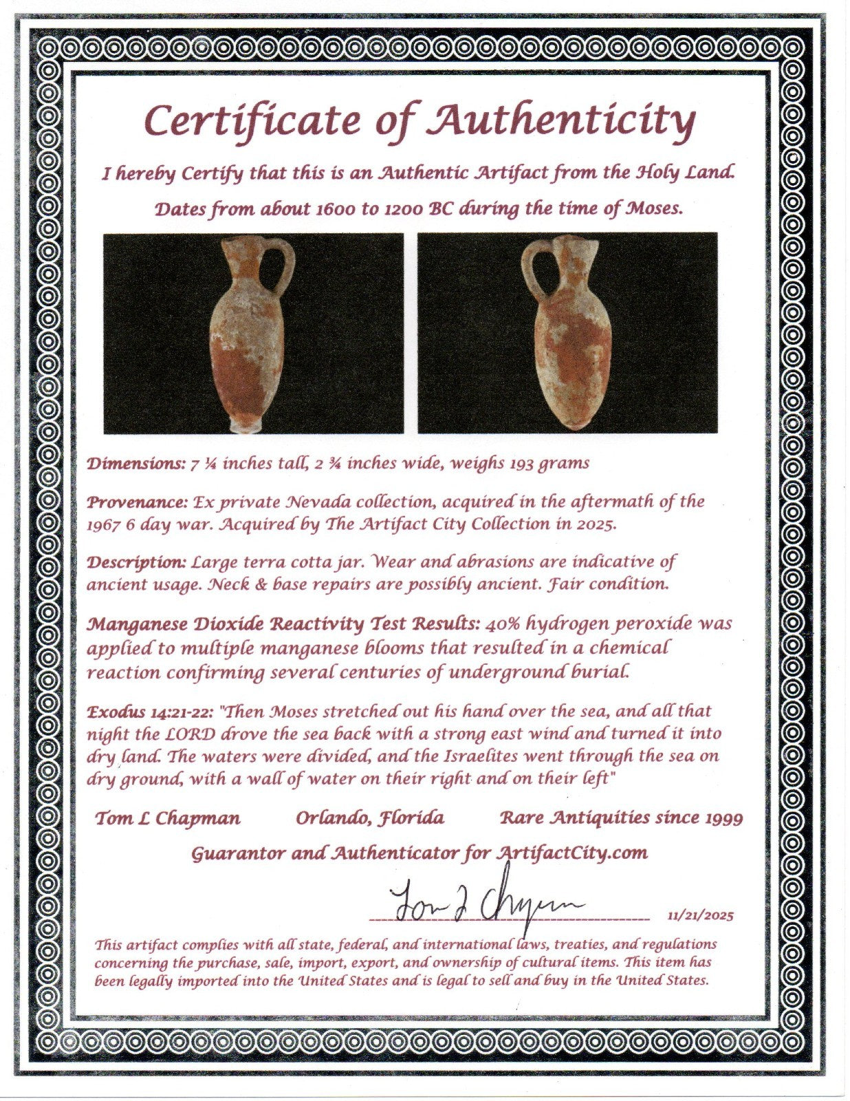 Time of Moses Holy Land Artifact Ancient 3500 Year Old Jug 1600-1200 BC COA 65