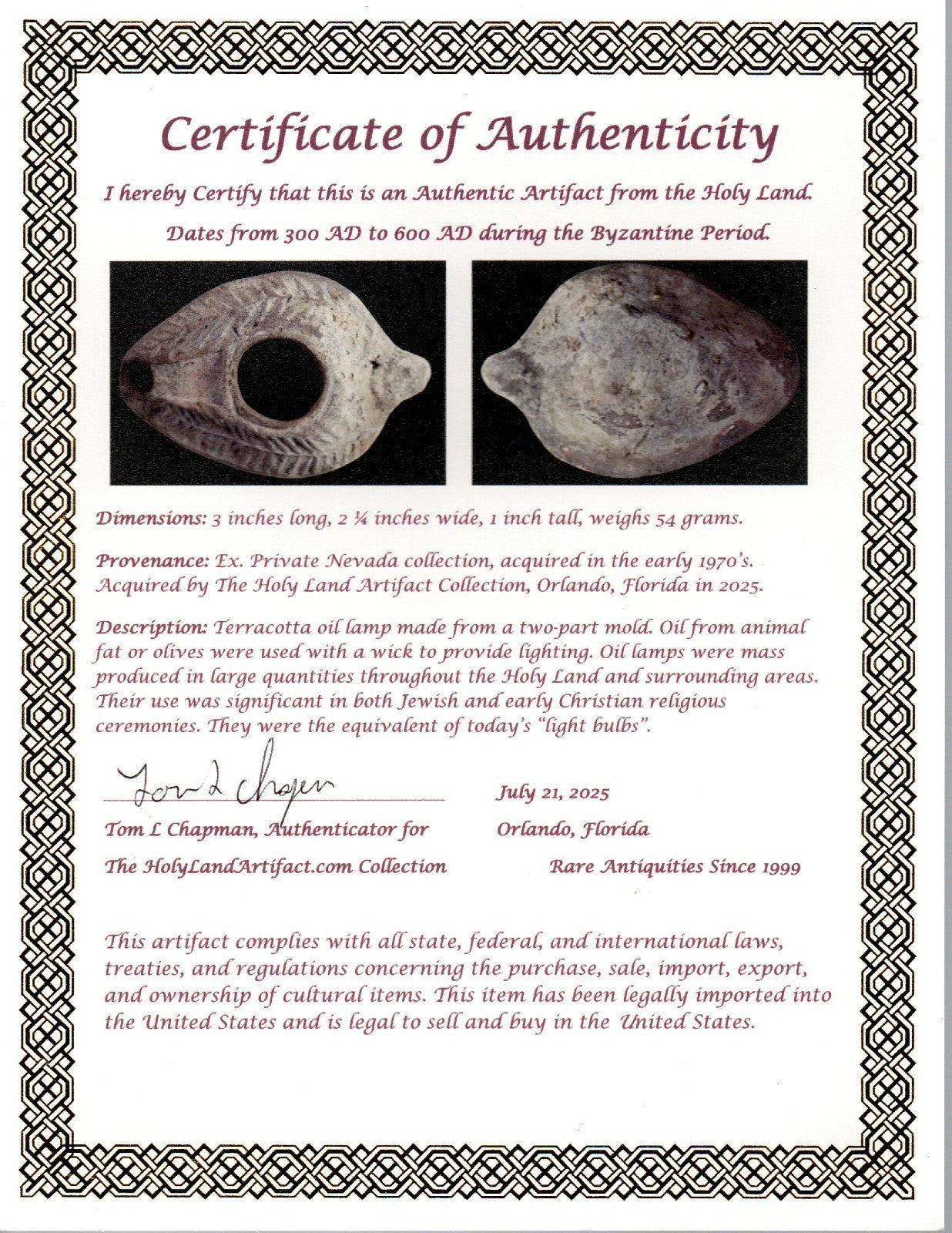 Oil Lamp Holy Land Ancient Artifact Jesus Christ Home Israel 300-600 AD COA 92