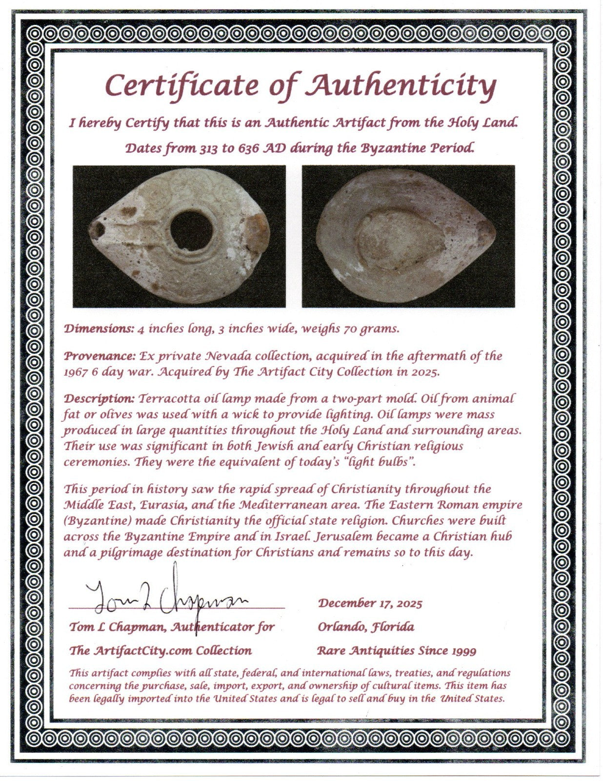 Holy Land Oil Lamp Ancient Artifact Time of the Christians 313-636 AD COA 215