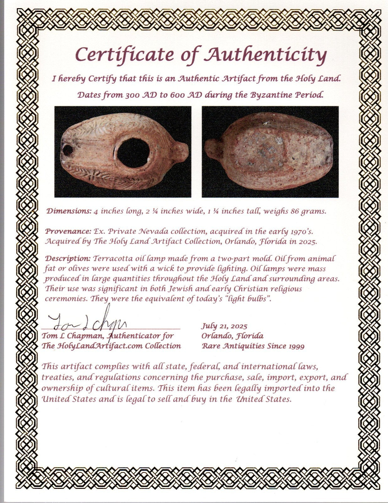 Oil Lamp Holy Land Ancient Artifact Jesus Christ Home Israel 300-600 AD COA 114