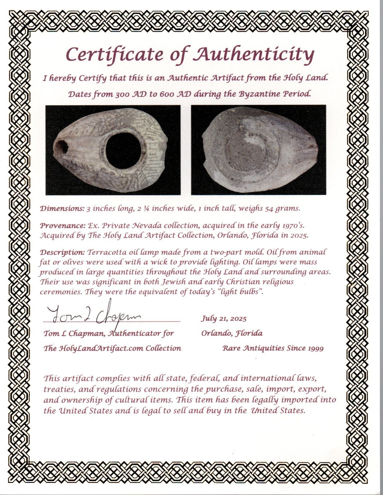 Oil Lamp Holy Land Ancient Artifact Jesus Christ Home Israel 300-600 AD COA 106