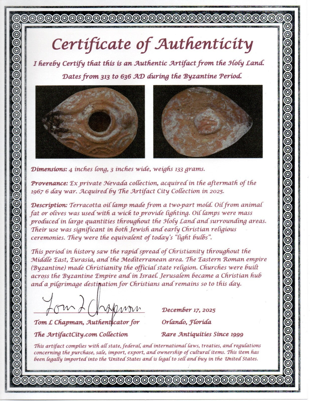 Large Holy Land Oil Lamp Ancient Artifact Time of Christians 313-636 AD COA 199