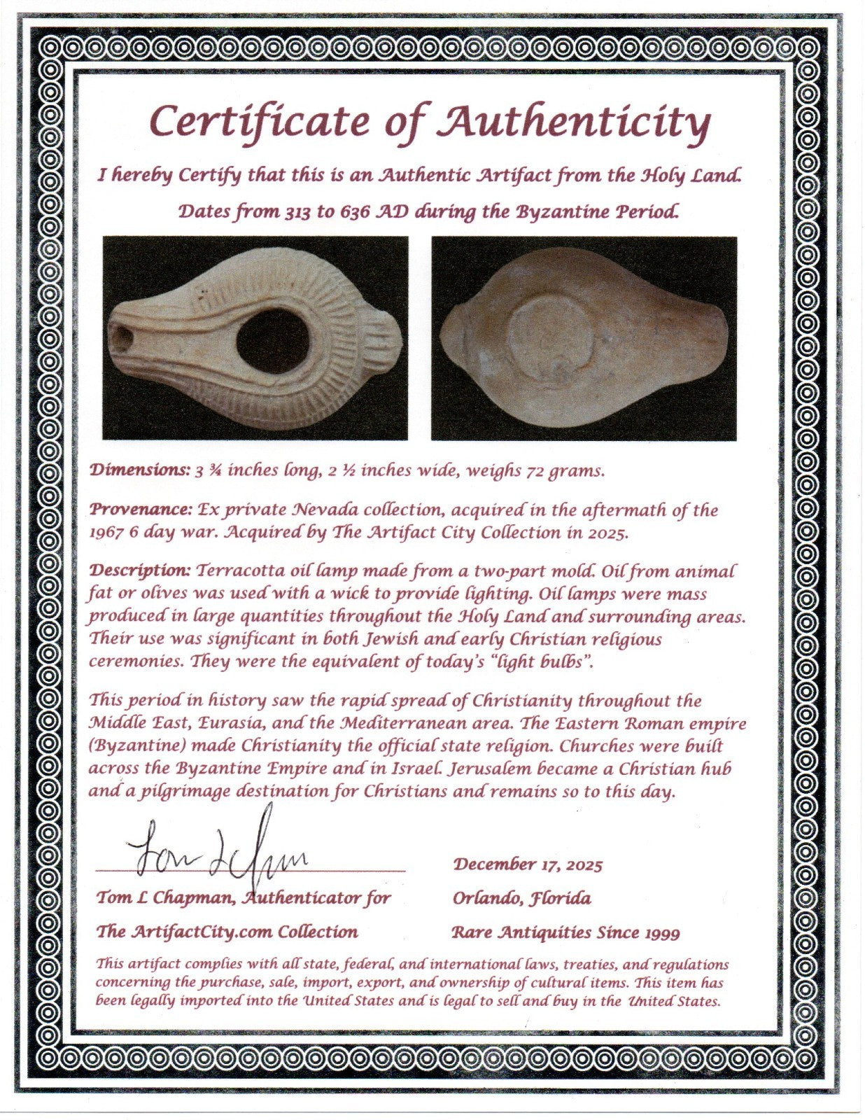 Holy Land Oil Lamp Ancient Artifact Time of the Christians 313-636 AD COA 177