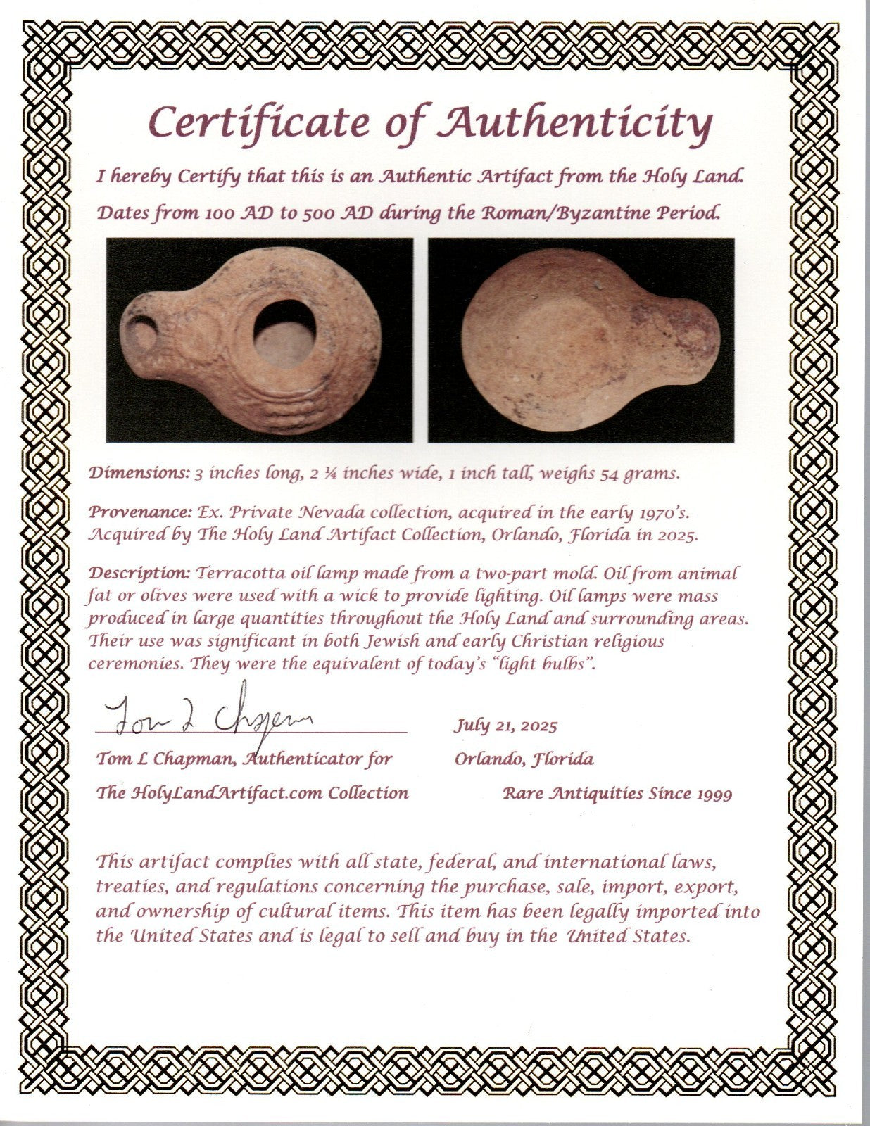 Ancient Holy Land Oil Lamp Artifact From Jesus Christ Home Land 100-500AD COA 52