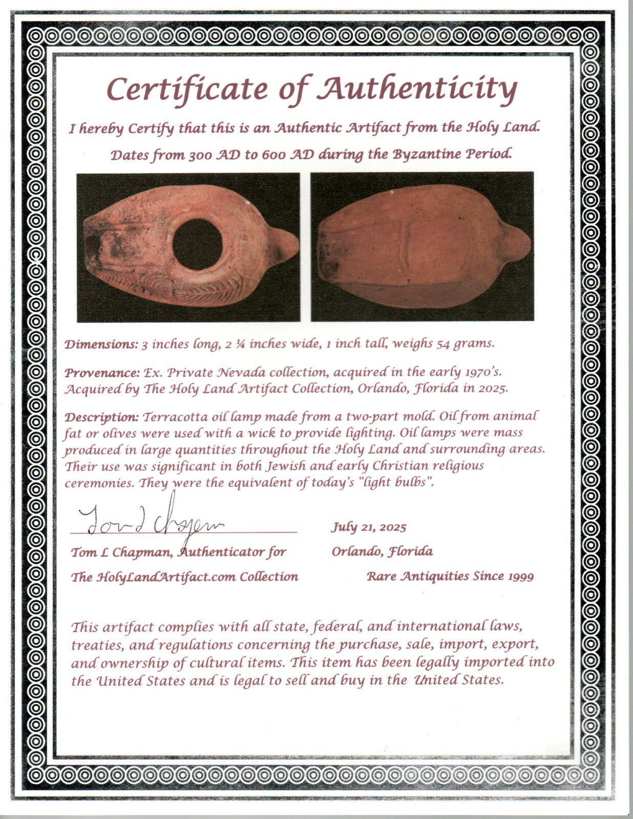 Ancient Holy Land Oil Lamp Artifact 2 Hidden Christian Crosses 300-600 AD COA 77