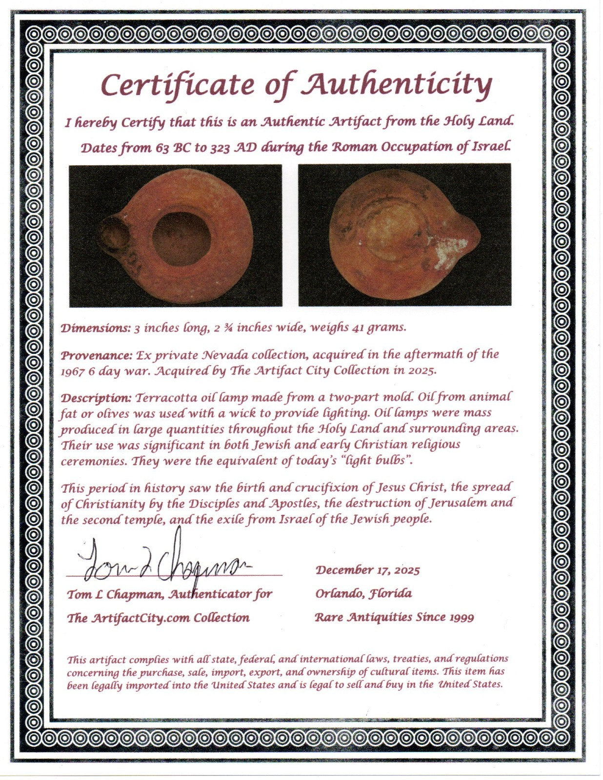 Holy Land Oil Lamp Ancient Artifact Time of Jesus & Apostles 63BC-323AD COA 140