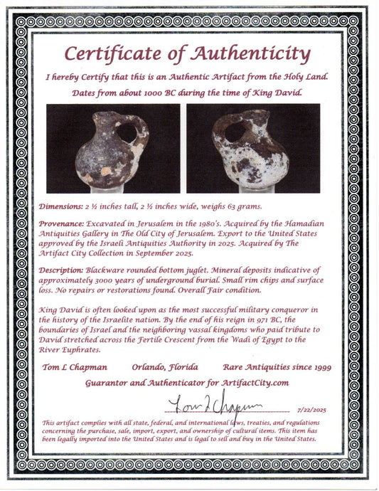 Ancient Holy Land Artifact King David Mini Jugglet Christ Home Land 1000BC COA 1